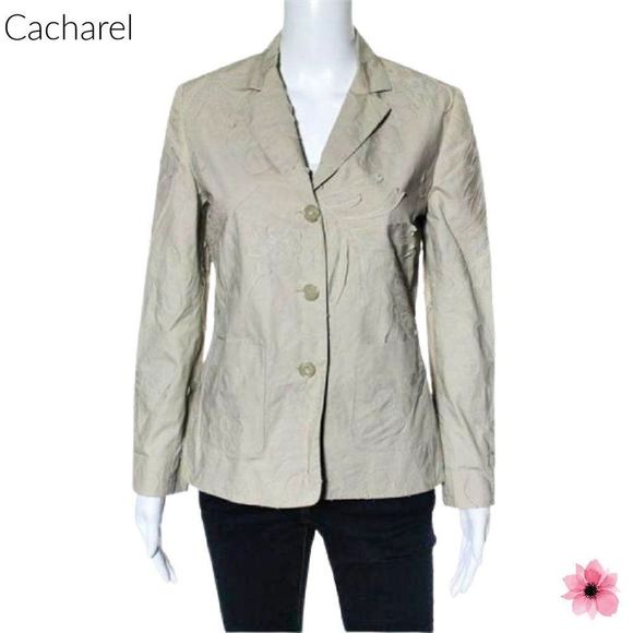 Cacharel Beige Tan VNeck Cotton Floral Accent Button Down Blazer - Picture 1 of 7